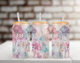 Lata libbey de vidrio esmerilado Best Life Ever con tapa de bambú