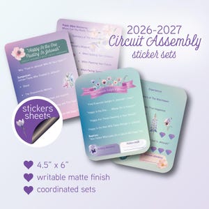 May include: A set of 4.5" x 6" 2026-2027 Circuit Assembly sticker sheets with a writable matte finish. The coordinated sets feature floral designs, purple and teal gradients, and printed text including "Happy Is the One Trusting In Jehovah" and "Find Exquisite Delight in Jehovah" with sections for notes and attendance.