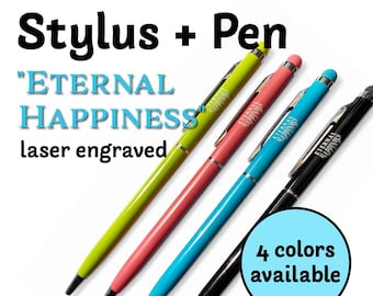 Plumas con puntero táctil para la Convención de Testigos de Jehová – Grabado con la frase “Felicidad Eterna” – Tinta azul