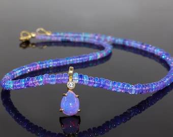 Multifire Ethiopian Lavender Opal Gemstone Beaded Pear Charm Necklace, Genuine Ethiopian Opal Stone Opal Charm Necklace, Handmade Jewelry