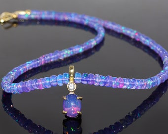 Ethiopian Fire Opal Stone Oval Opal Charm Gold Necklace, Multifire Lavender Opal Gemstone Beaded Oval Charm Necklace, Gift for Her