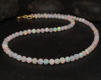 Natural Multifire Opal Round Gemstone Beads Necklace, Ethiopian White Opal Delicate Necklace, October Birthstone Opal Jewelry, Gift for Her