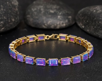 AAA Lavender Opal Octagon Gemstone Tennis Bracelet, Fire Lavender Opal Gemstone Silver Bracelet, Handmade Opal Bracelet, Birthstone Gift