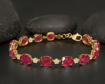 Genuine Ruby Gemstone Silver Tennis Bracelet, Natural Red Ruby Gemstone Bracelet for Her, Handmade Ruby Bracelet, July Birthstone Gift
