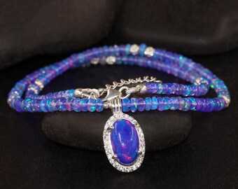 Fire Lavender Opal Stone Beads Necklace, Multifire Ethiopian Opal Silver Charm Necklace, October Birthstone, Handmade Jewelry, Gift for Her