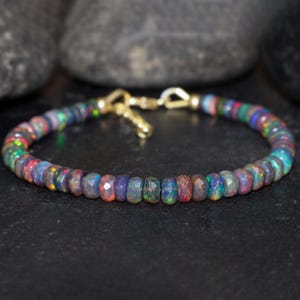 AAAA Ethiopian opal beaded bracelet for women, Natural fire black opal faceted beaded bracelet, Vintage fire opal bracelet Handmade bracelet