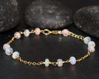 Natural Opal Gemstone Beads Wire Wrap Bracelet, Smooth Opal Beads Chain Bracelet, Ethiopian Opal Jewelry, Minimalist Wire Wrap Opal Bracelet