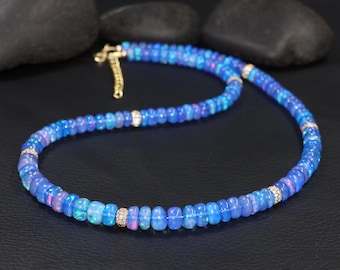 Blue Opal Beaded Necklace for Women, Dainty Gemstone Jewelry, October Birthstone Necklace, Handmade Gift for Her, Bridesmaid Gift
