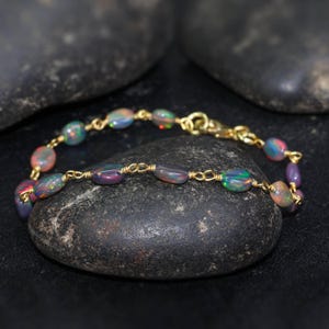Fire Black Opal Tumble Beads Wire Wrap Bracelet, Genuine Ethiopian Opal Beaded Bracelet, Delicate Bracelet, Opal Birthstone Gift for Her