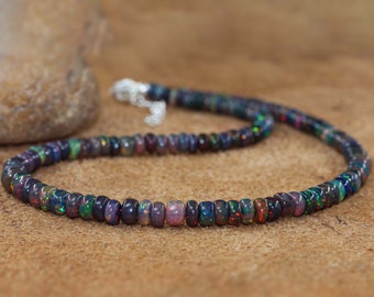 AAA Natural Black fire Ethiopian opal beaded necklace, Smooth Rondelle beads necklace, Necklace for women, Genuine fire opal jewelry