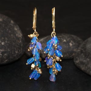 Fire Blue opal Gold bead earrings, Raw Opal earrings, Vintage fire opal earrings, Handmade Drop earrings, Natural Fire Opal Jewelry