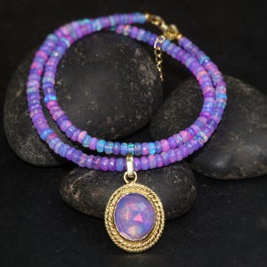 Lavender Opal Gemstone Beaded Necklace, Genuine Ethiopian Opal Golden Charm Necklace, Handmade Opal Charm Beaded Necklace, Gift for Her