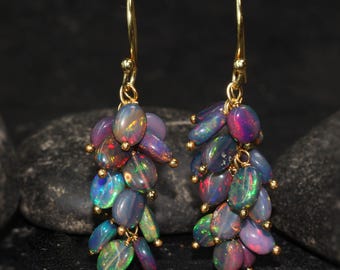Fire Black Opal Gemstone Cluster Earring, Multifire Black Opal Nugget Beads Earrings, Smooth Opal Earrings for Women, Handmade Earrings