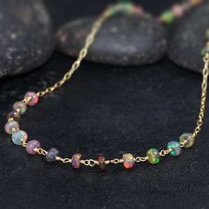Black Opal Wire Wrap Style Necklace, Natural Ethiopian Opal Smooth Bead Chain Necklace, October Birthstone Handmade Jewelry, Gift for Her