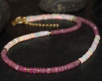 Rondell opal and Ruby beaded necklace for women, fire opal necklace, faceted ruby beads necklace, minimalist necklace, AAA Ethiopian opal