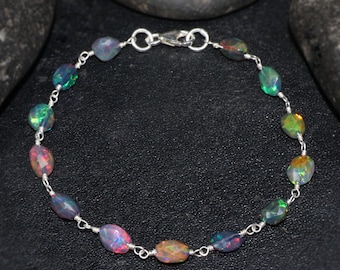 Faceted Fire Black Opal wire wrap chain bracelet, Natural Opal Beads Bracelet, Vintage Fire Opal Nugget bracelet, Opal Jewelry For Women