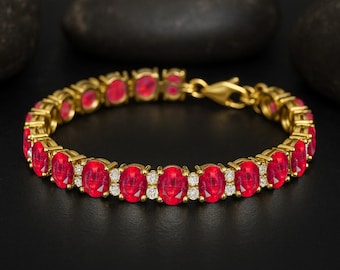 Natural Ruby Gemstone Silver Tennis Bracelet, Genuine Ruby Gemstone Bracelet for Her, Handmade Ruby Bracelet, July Birthstone Gift for Her