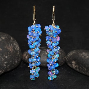 Rare Fire Blue Opal beaded cluster earrings, 2.5-inch long Opal Vintage Earrings, Genuine AAA opal earrings, Handmade Opal earrings