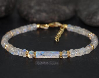 White Rainbow moonstone faceted beads and hexagon Pencil bracelet for women, Natural moonstone beaded jewelry, Minimalist bracelet for her