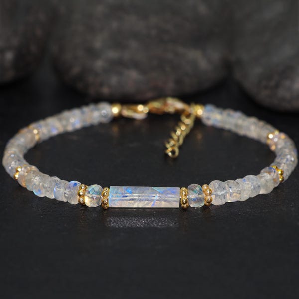 Bracciale a forma di matita esagonale con perline sfaccettate in pietra di luna bianca arcobaleno per donna, gioielli con perline in pietra di luna naturale, bracciale minimalista per lei