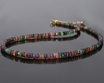 Natural fire Black opal beaded Necklace for women, Handmade Opal beaded Necklace October birthstone opal Jewelry, fire opal Jewelry