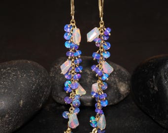 AAA Ethiopian opal beaded earrings for women, Natural fire white opal tumble and Lavender opal beaded cluster earrings, Vintage fire opal