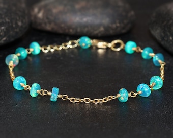 Green Opal Multifire Gemstone Chain Wire Wrap Bracelet, AAA Ethiopian Opal Beads Bracelet, Wire Wrap Style Gold Chain Bracelet Jewelry