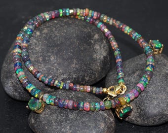 Natural fire Ethiopian opal necklace, Round opal charm with Gorgeous spiritual opal beaded necklace, Black opal necklace, AAA Ethiopian opal