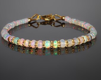 Bracelet de perles d'opale de feu éthiopienne blanche naturelle pour femme, pierre de naissance d'octobre, bracelet d'opale de feu vintage, argent sterling 925
