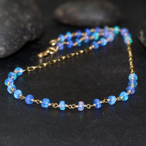 Blue Opal Wire Wrap Style Necklace, Natural Ethiopian Opal Smooth Bead Chain Necklace, October Birthstone Handmade Jewelry, Gift for Her
