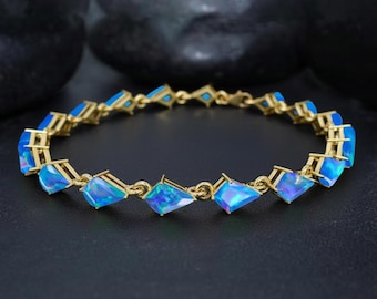 Natural Blue Opal Kite Gemstone Silver Tennis Bracelet, Blue Opal Gemstone Bracelet for Mom, Delicate Opal Bracelet, Birthstone Gift for Her