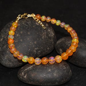 Natural Orange Opal Round Gemstone Beads Bracelet, Genuine Opal Beads Delicate Bracelet, October Birthstone Handmade Jewelry, Gift for Her