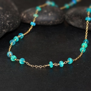 Opal Three Stone Chain Necklace, Green Opal Wire Wrap Style Necklace, Natural Ethiopian Opal Bead Necklace, Minimalist Gold Chain Necklace
