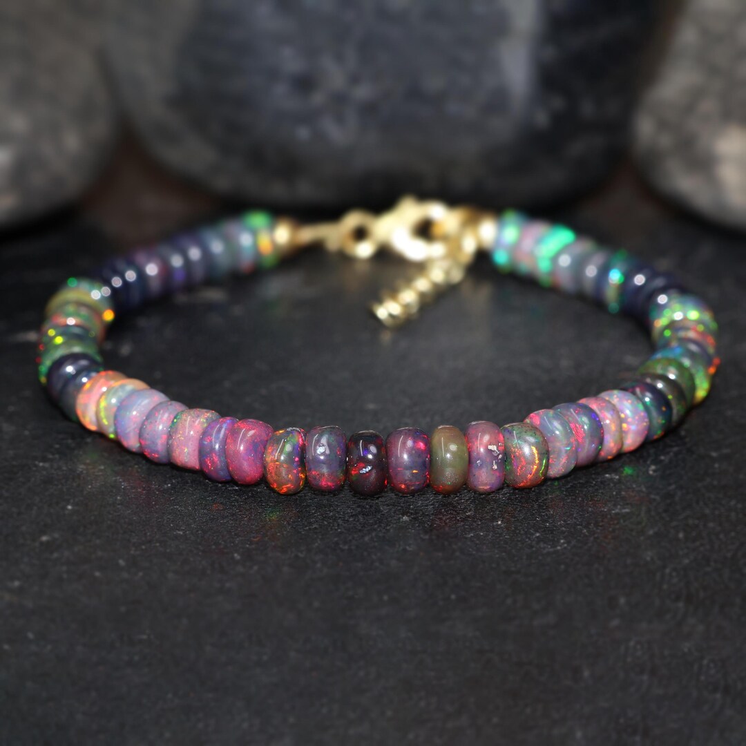 Smooth Rondelle Natural Black Fire Ethiopian Opal Beaded Bracelet for ...