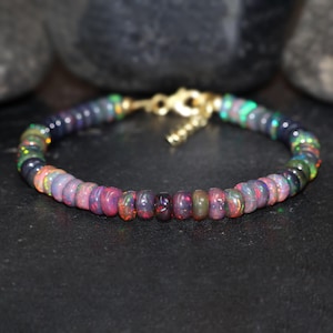 Smooth Rondelle natural Black fire Ethiopian opal beaded bracelet for women, Genuine fire opal bracelet, Rare fire opal bracelet for her