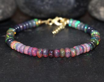 Smooth Rondelle natural Black fire Ethiopian opal beaded bracelet for women, Genuine fire opal bracelet, Rare fire opal bracelet for her