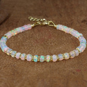 Natural white fire Ethiopian opal beaded bracelet for women, October birthstone, Vintage fire opal bracelet, 925 Sterling Silver