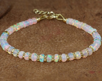 Natural white fire Ethiopian opal beaded bracelet for women, October birthstone, Vintage fire opal bracelet, 925 Sterling Silver
