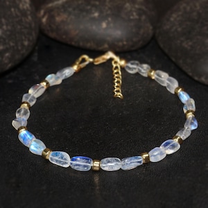 Natural Moonstone Uncut Beads Bracelet, Rainbow Moonstone Beads Gold Bracelet, Moonstone Handmade Jewelry, Natural Moonstone Bracelet