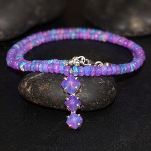 Lavender Opal Three Stone Beaded Necklace, Natural Ethiopian Opal Golden Charm Necklace, Handmade Opal Charm Beaded Necklace, Gift for Her