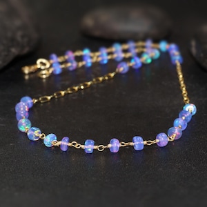 Lavender Opal Wire Wrap Style Necklace, Natural Ethiopian Opal Beaded Chain Necklace, October Birthstone Handmade Jewelry, Gift for Her