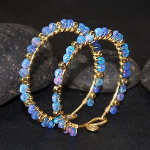 Fire Blue opal Hoop earrings, Big Size Round Beaded earrings, Vintage fire opal earrings, Handmade earrings, 30 mm Hoop Earring