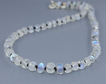 White rainbow moonstone faceted beads necklace, Black thread Necklace for her, Genuine Moonstone jewelry, fire moonstone necklace for her