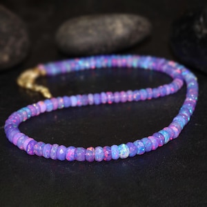 Natural fire Lavender faceted beaded necklace for women, Big Size Ethiopian opal beaded necklace for women, Gold Vermeil or Silver necklace