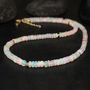 Handmade Rondelle smooth opal beaded necklace, white fire opal beaded necklace for women, October birthstone, AAA Ethiopian opal Necklace