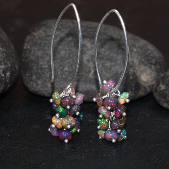 Natural Black fire Ethiopian opal beaded earrings for women, Handcrafted earrings, earrings for her, Silver earrings, Gold earrings