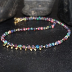 Smooth round Ethiopian opal beaded necklace for women, Gold vermeil or 925 Sterling silver charm necklace for her Vintage fire opal necklace