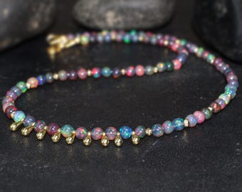 Smooth round Ethiopian opal beaded necklace for women, Gold vermeil or 925 Sterling silver charm necklace for her Vintage fire opal necklace