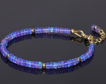 Natural Fire Lavender opal beaded bracelet for women, minimalist bracelet, October birthstone, 925 Sterling silver bracelet, Beaded jewelry