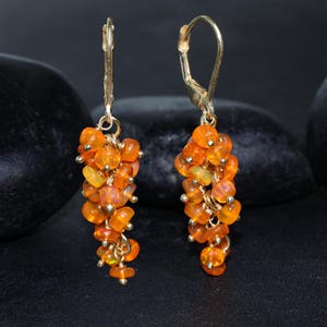 May include: A pair of gold earrings with a cluster of orange opal stones hanging from each earring.